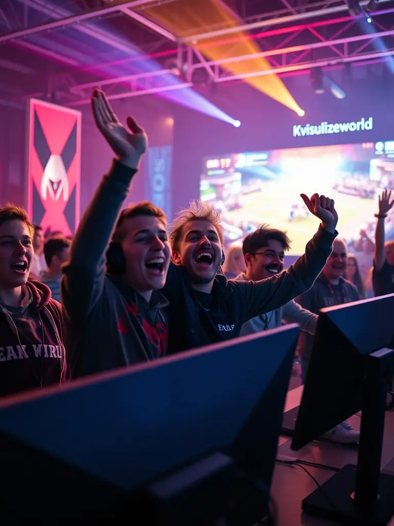 A dynamic image of a group of gamers participating in a FRENCH TOUCH (FT) organized tournament, showcasing intense gameplay and team collaboration.