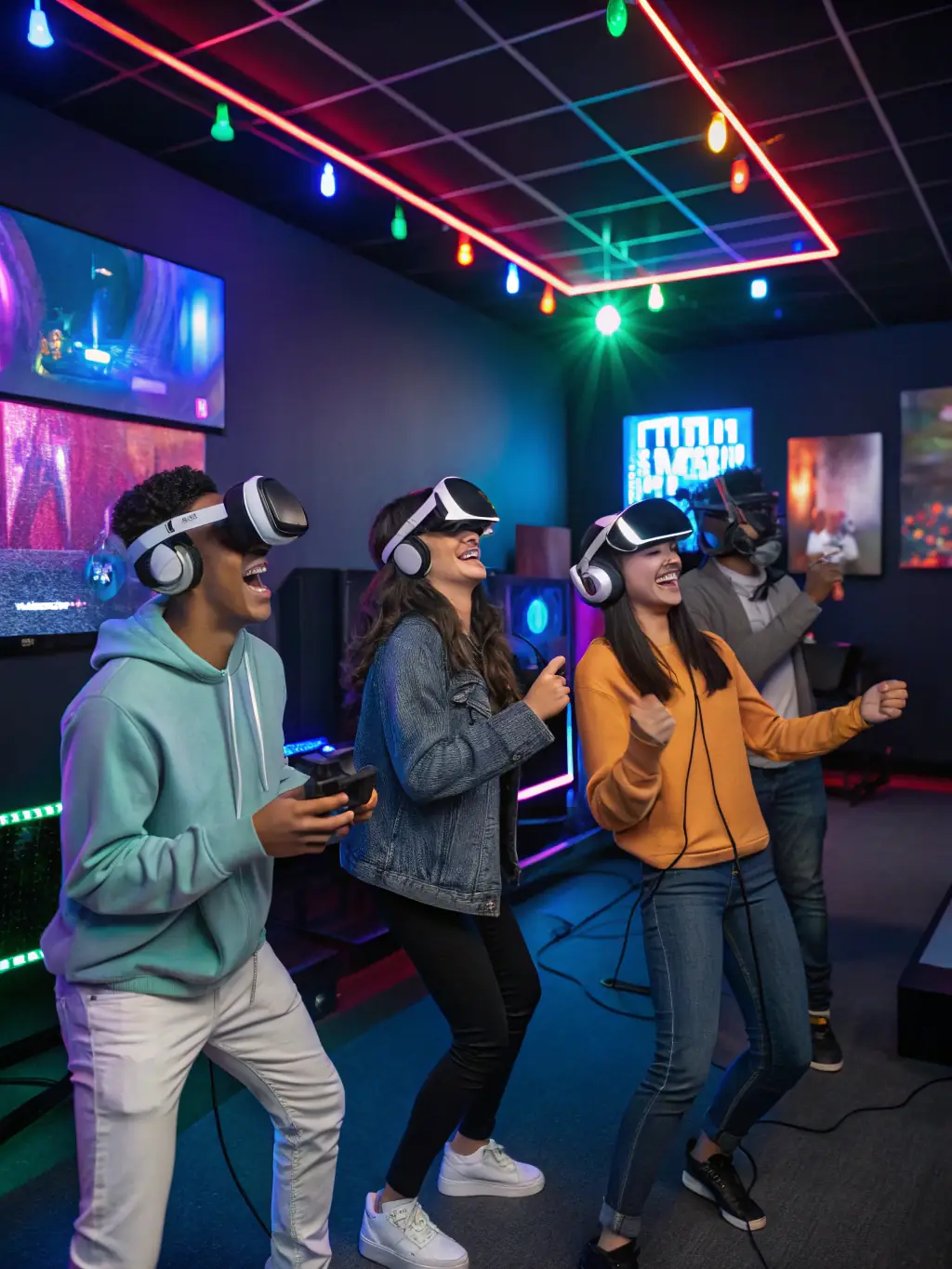 A dynamic image featuring players engaged in a virtual reality gaming session at a FRENCH TOUCH (FT) event, highlighting the organization's commitment to innovation and cutting-edge technology.