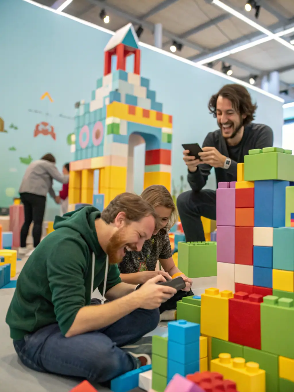 A vibrant image depicting a group of players collaboratively building a structure within a Minecraft server hosted by FRENCH TOUCH (FT), showcasing teamwork and creativity.